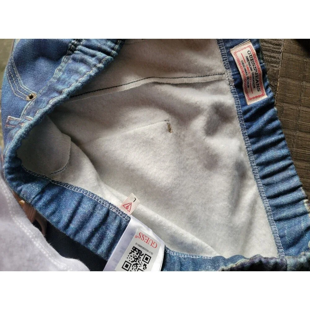 Guess Vintage Women's Lounge Jeans Fleece Jogger Pants SZ L Blue & Pockets